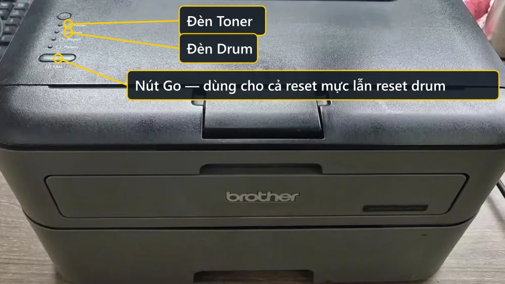Bảng điều khiển Brother HL-L2321D chỉ có đèn LED và nút Go, không có màn hình