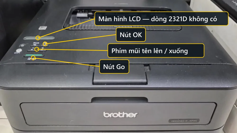 Bảng điều khiển Brother HL-L2366DW với màn hình LCD, nút Back, OK, phím mũi tên và nút Go